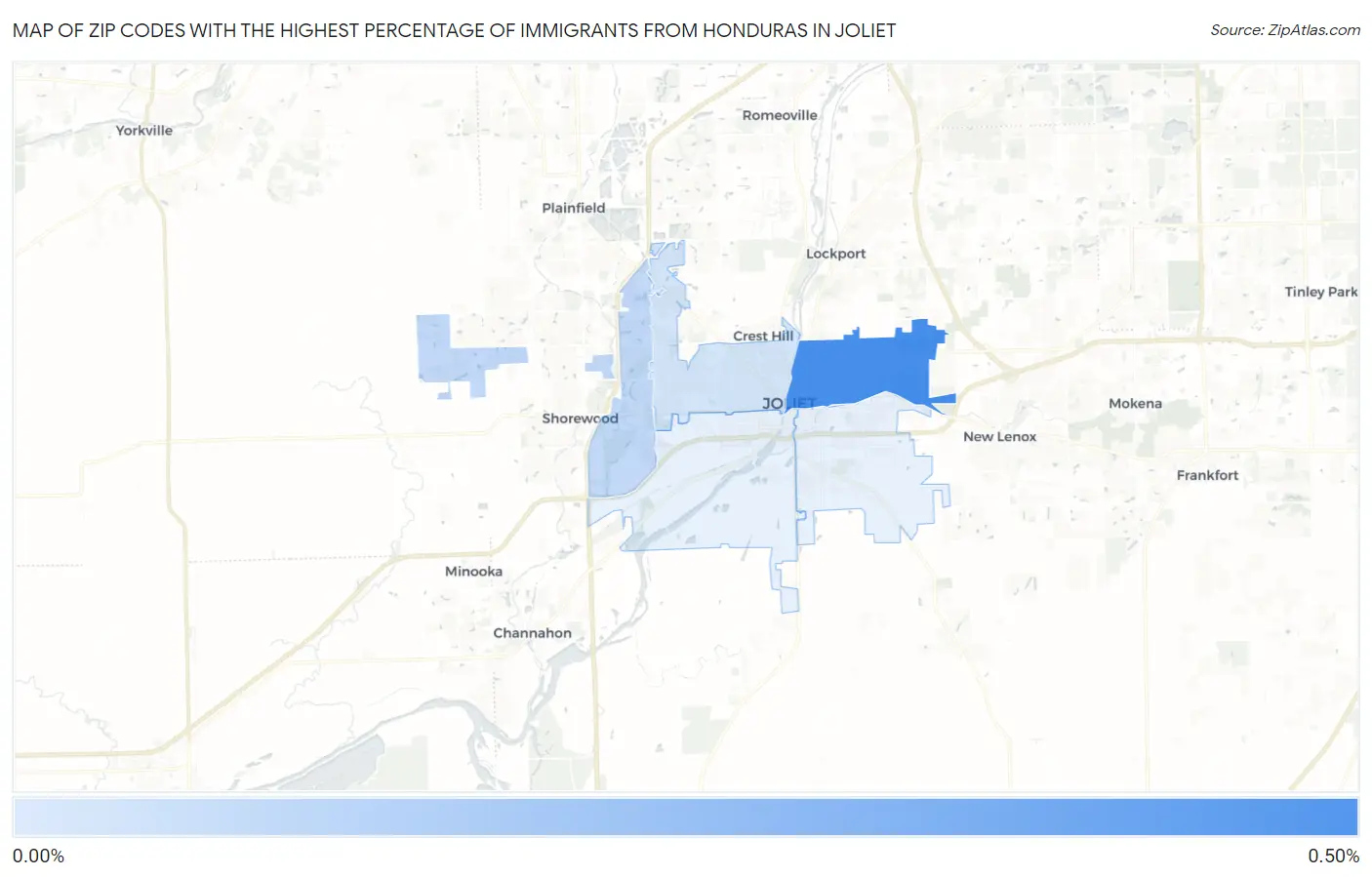 Zip Codes with the Highest Percentage of Immigrants from Honduras in Joliet Map