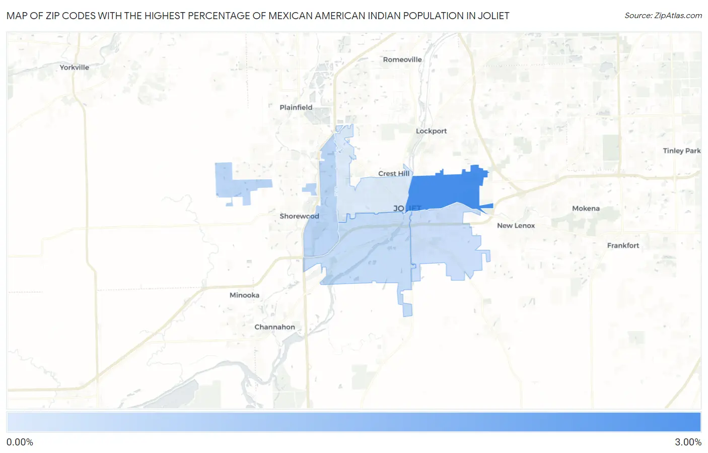 Zip Codes with the Highest Percentage of Mexican American Indian Population in Joliet Map