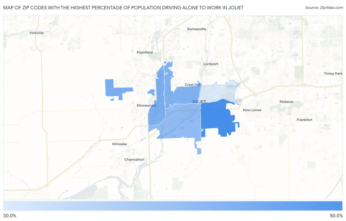Zip Codes with the Highest Percentage of Population Driving Alone to Work in Joliet Map