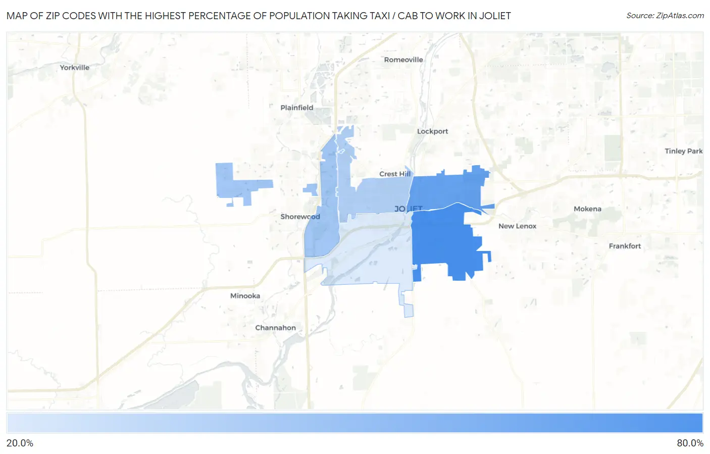 Zip Codes with the Highest Percentage of Population Taking Taxi / Cab to Work in Joliet Map