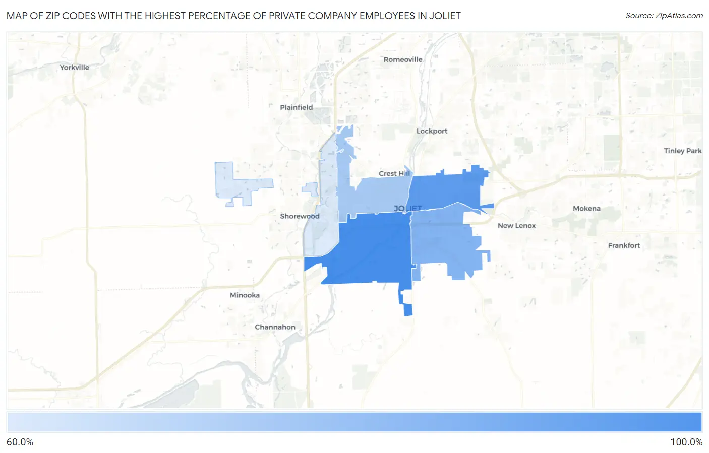 Zip Codes with the Highest Percentage of Private Company Employees in Joliet Map