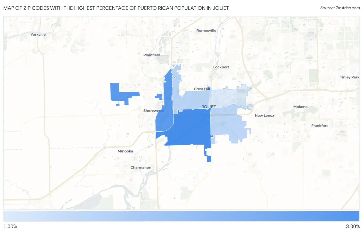 Zip Codes with the Highest Percentage of Puerto Rican Population in Joliet Map