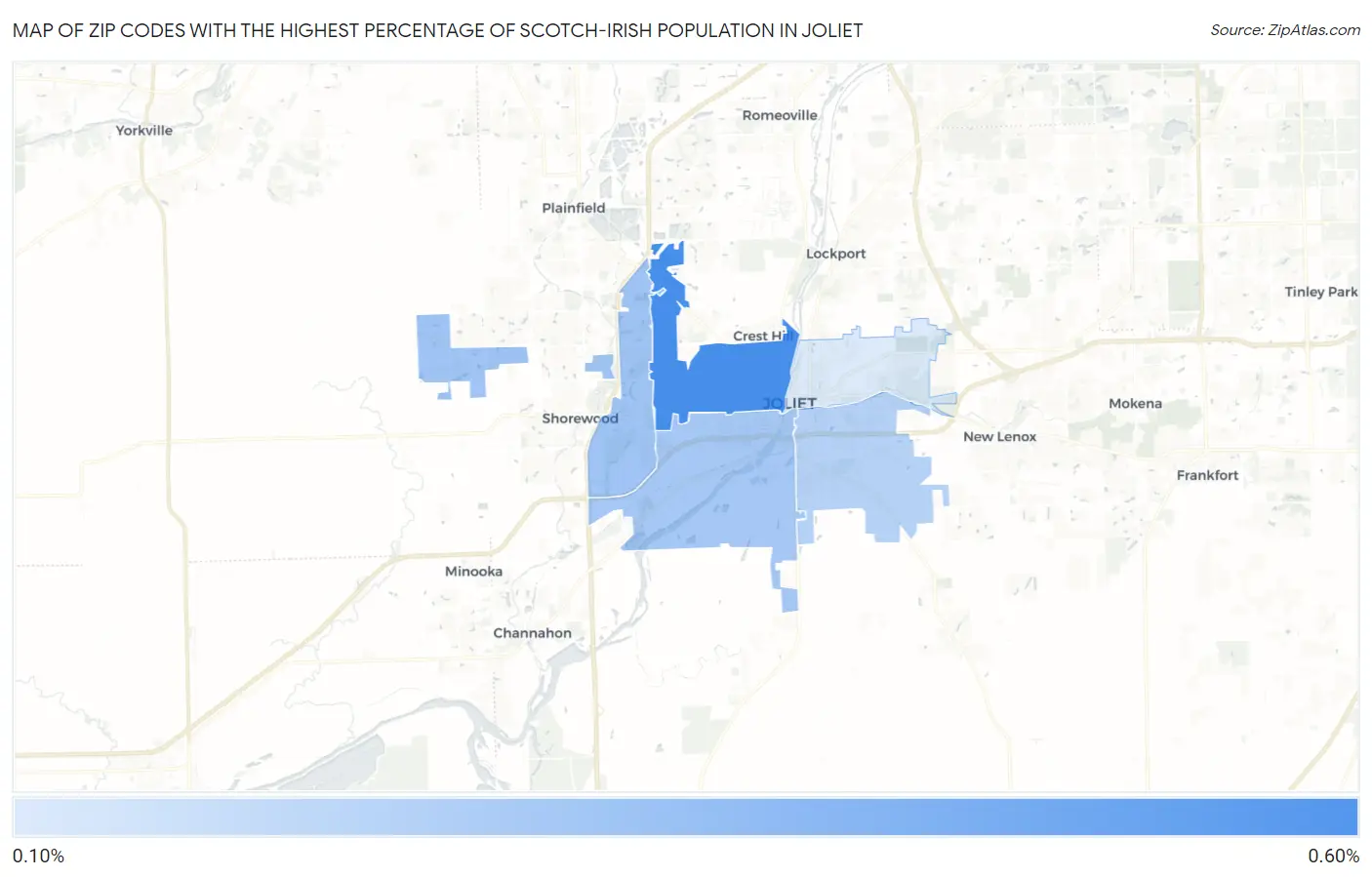 Zip Codes with the Highest Percentage of Scotch-Irish Population in Joliet Map