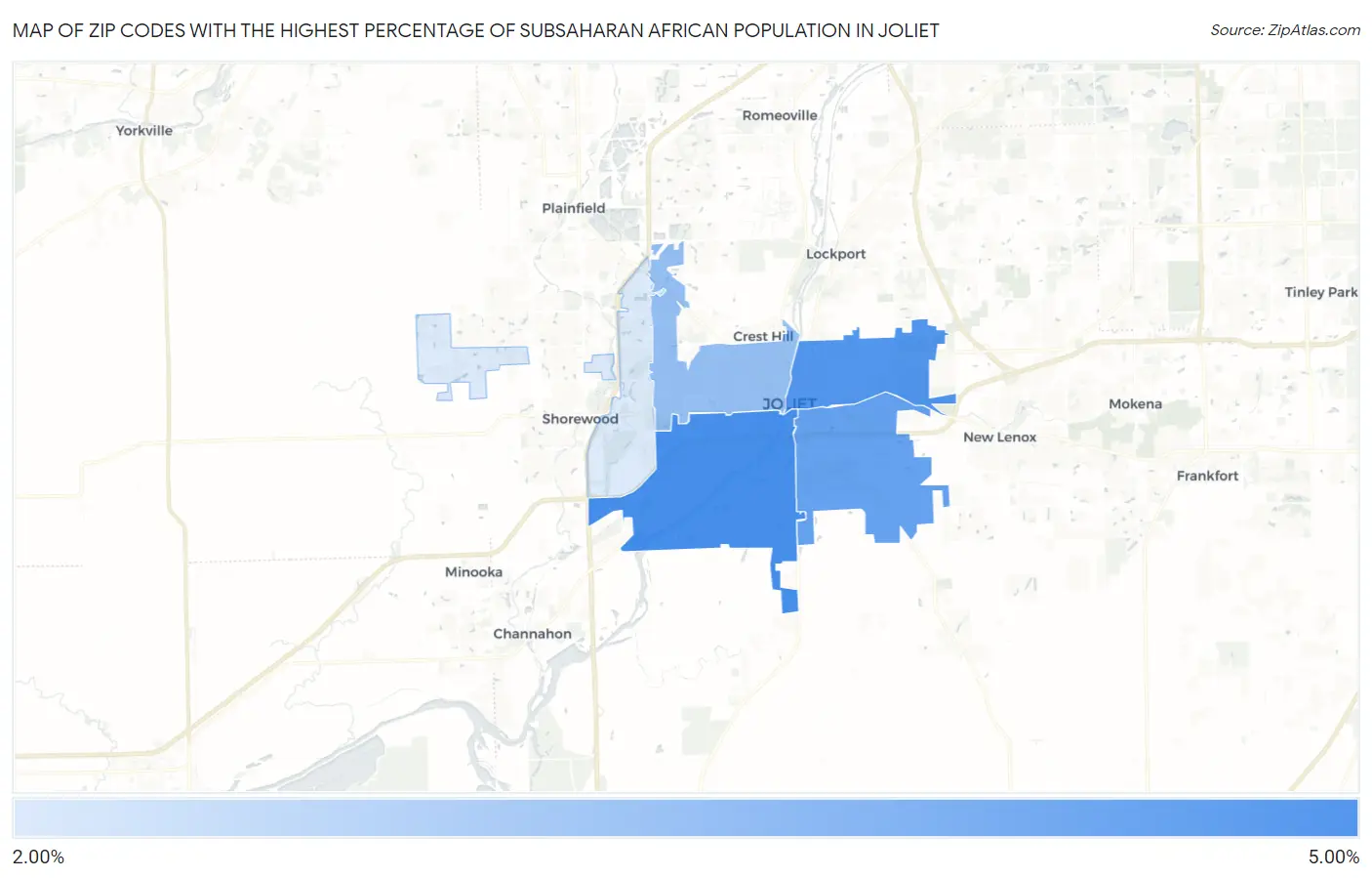 Zip Codes with the Highest Percentage of Subsaharan African Population in Joliet Map