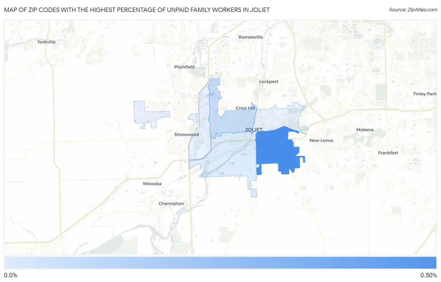 Zip Codes with the Highest Percentage of Unpaid Family Workers in Joliet Map