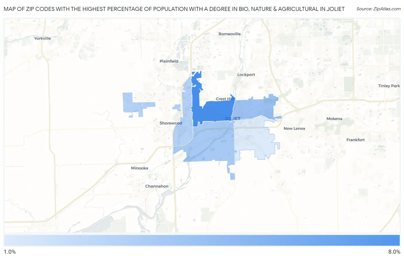 Zip Codes with the Highest Percentage of Population with a Degree in Bio, Nature & Agricultural in Joliet Map