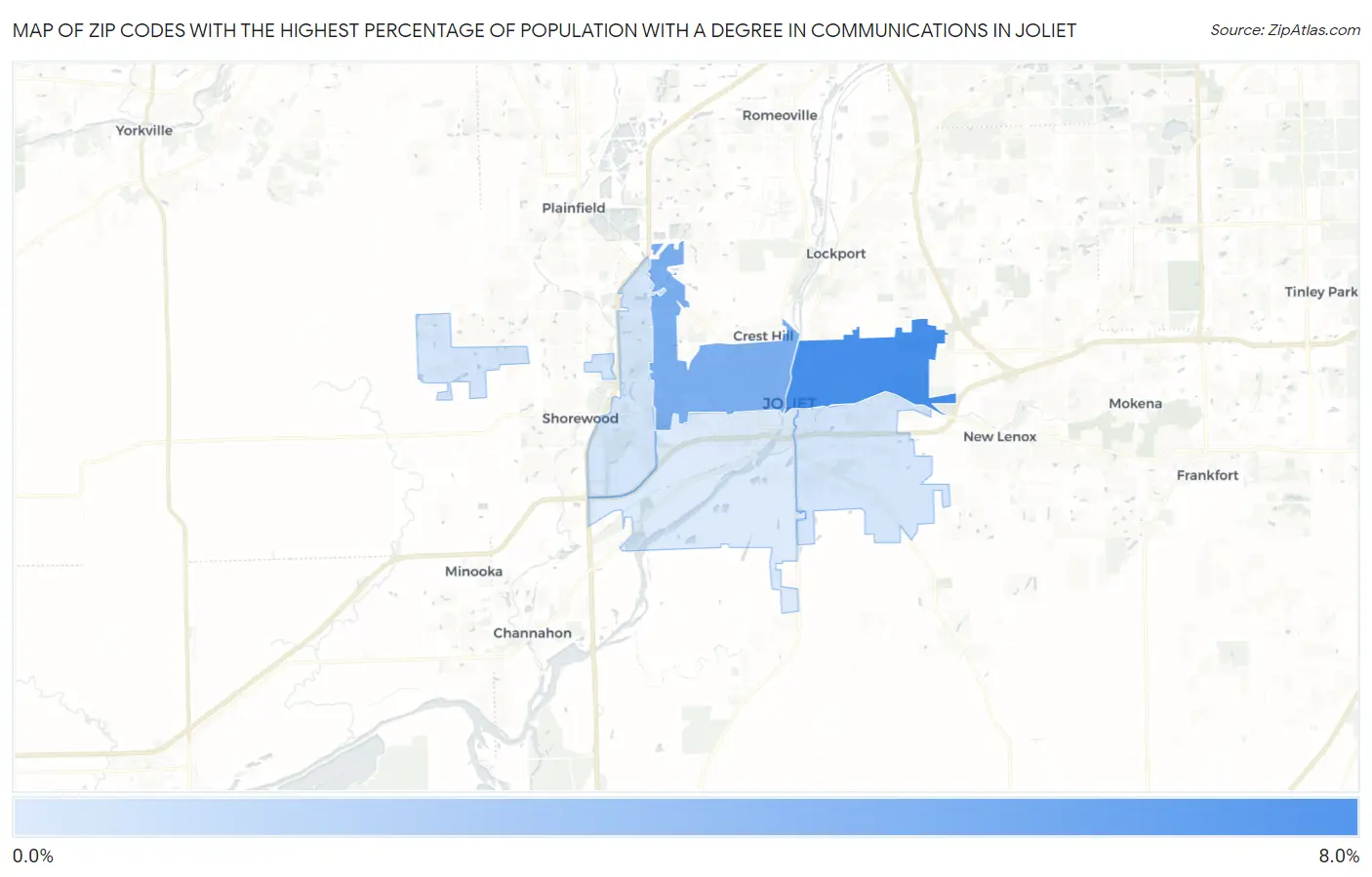 Zip Codes with the Highest Percentage of Population with a Degree in Communications in Joliet Map
