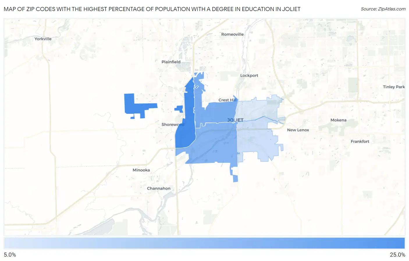 Zip Codes with the Highest Percentage of Population with a Degree in Education in Joliet Map