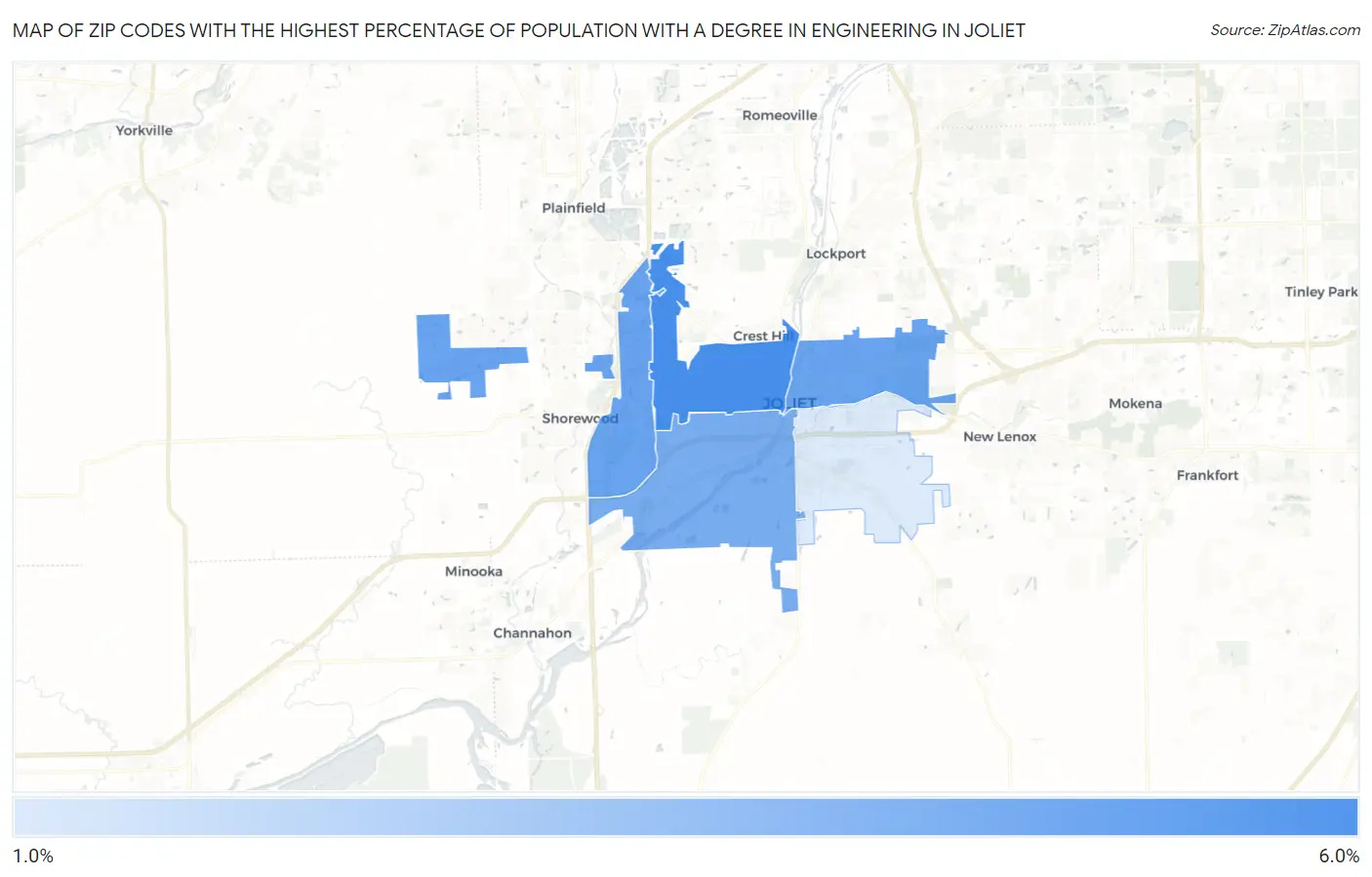 Zip Codes with the Highest Percentage of Population with a Degree in Engineering in Joliet Map