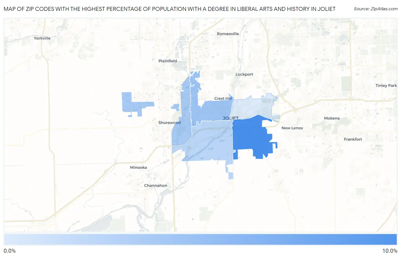 Zip Codes with the Highest Percentage of Population with a Degree in Liberal Arts and History in Joliet Map