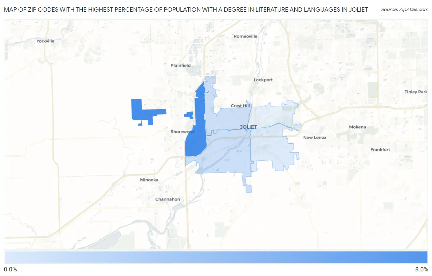 Zip Codes with the Highest Percentage of Population with a Degree in Literature and Languages in Joliet Map