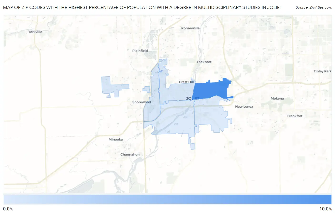 Zip Codes with the Highest Percentage of Population with a Degree in Multidisciplinary Studies in Joliet Map