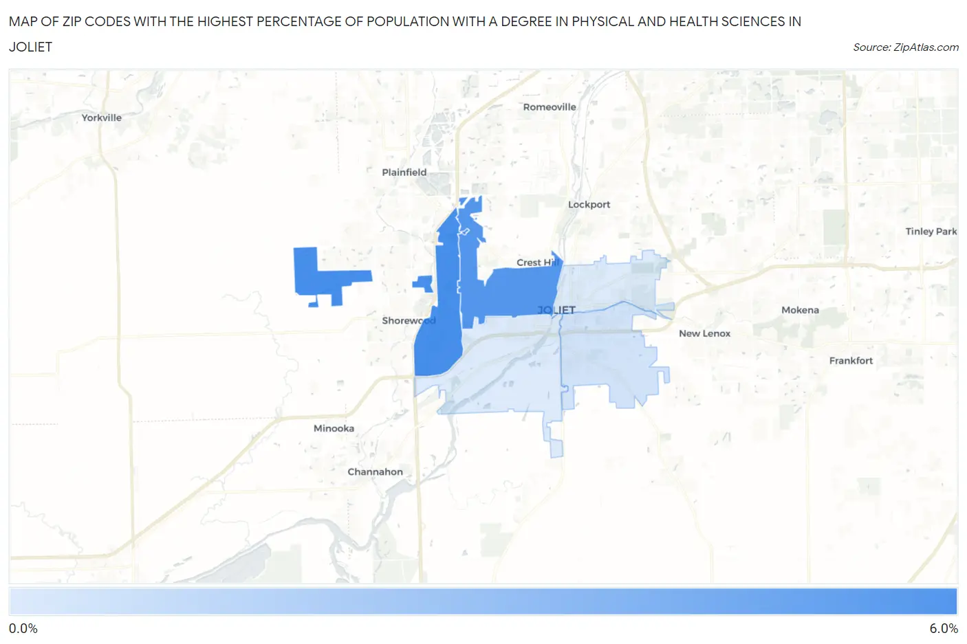 Zip Codes with the Highest Percentage of Population with a Degree in Physical and Health Sciences in Joliet Map