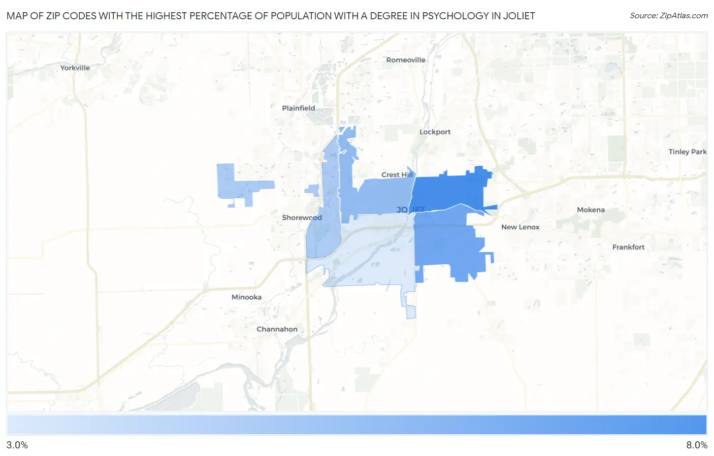 Zip Codes with the Highest Percentage of Population with a Degree in Psychology in Joliet Map