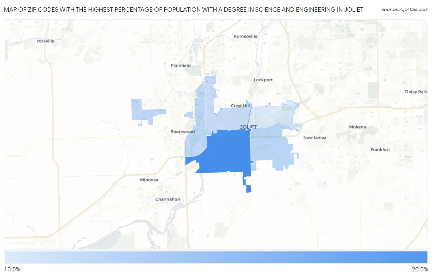Zip Codes with the Highest Percentage of Population with a Degree in Science and Engineering in Joliet Map
