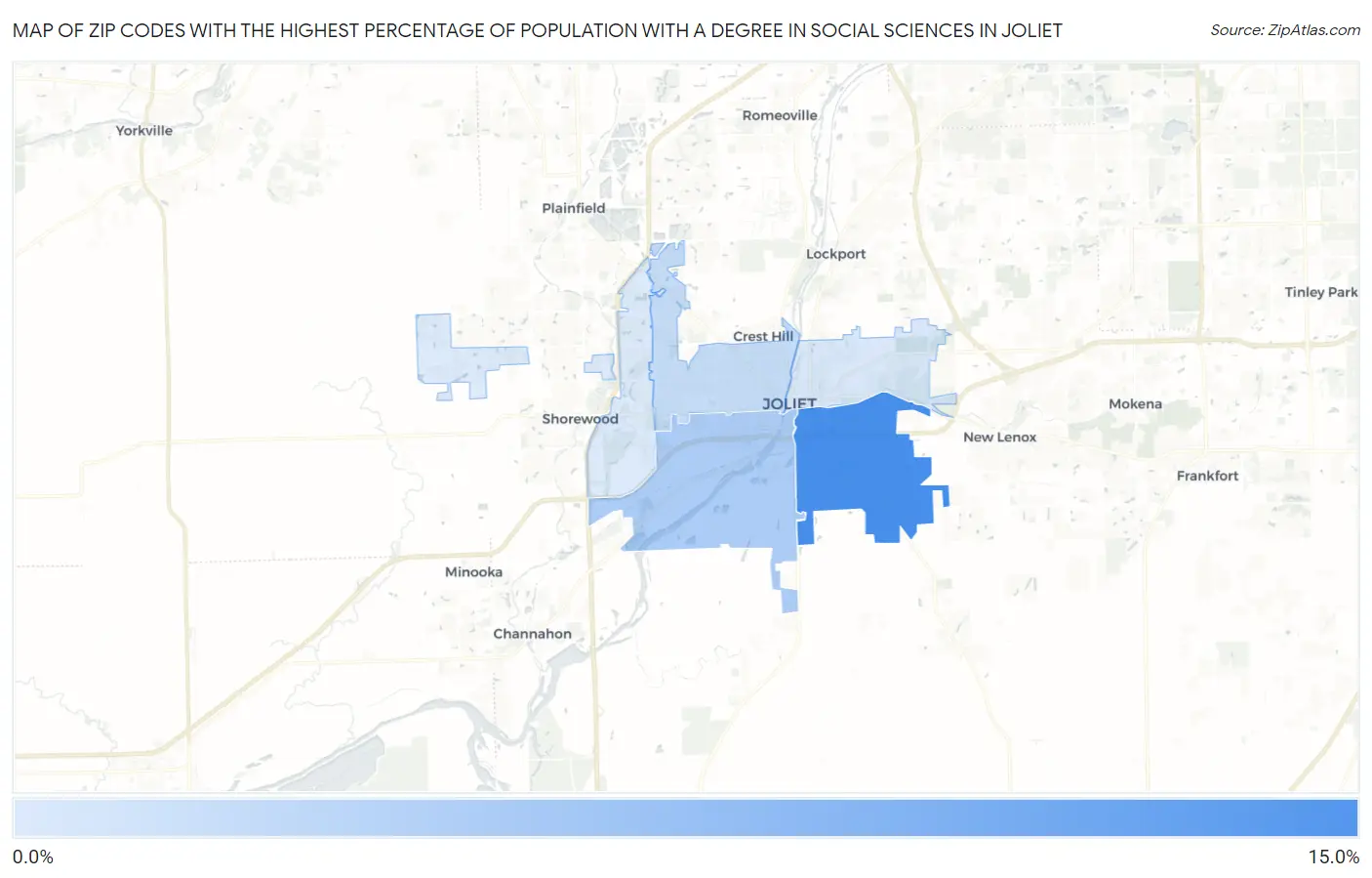 Zip Codes with the Highest Percentage of Population with a Degree in Social Sciences in Joliet Map