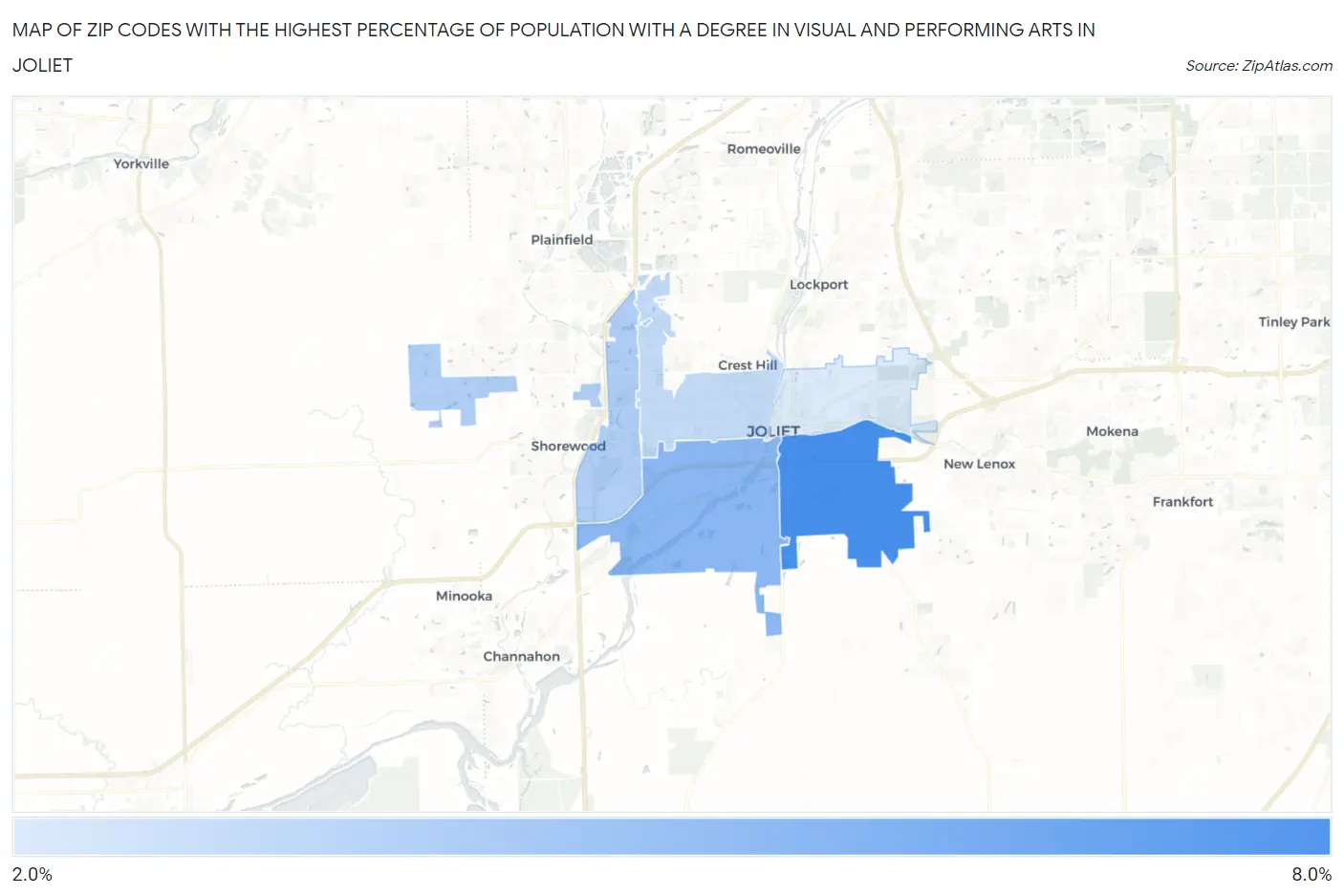 Zip Codes with the Highest Percentage of Population with a Degree in Visual and Performing Arts in Joliet Map