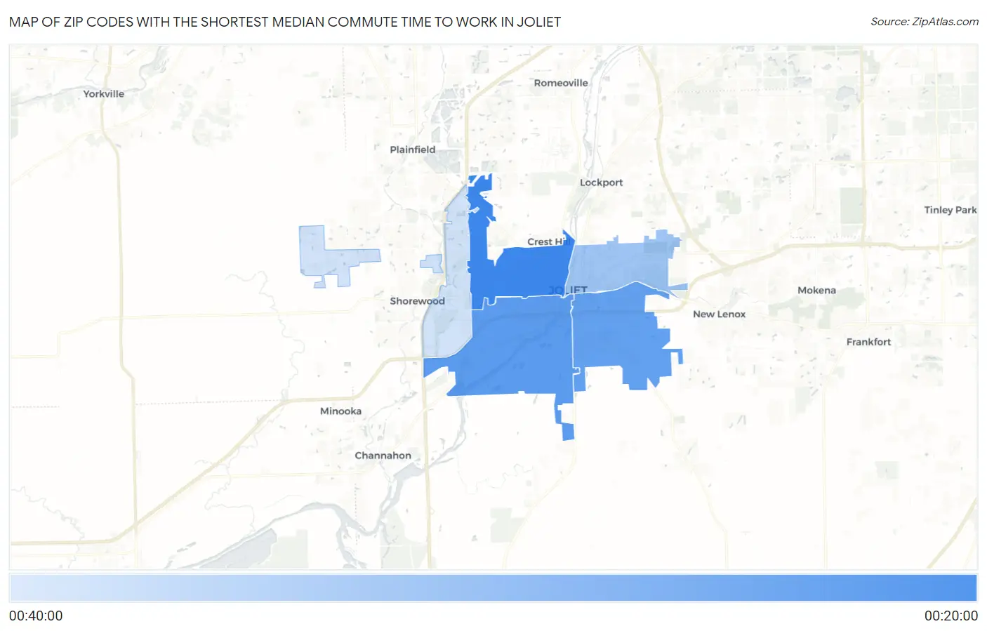 Zip Codes with the Shortest Median Commute Time to Work in Joliet Map
