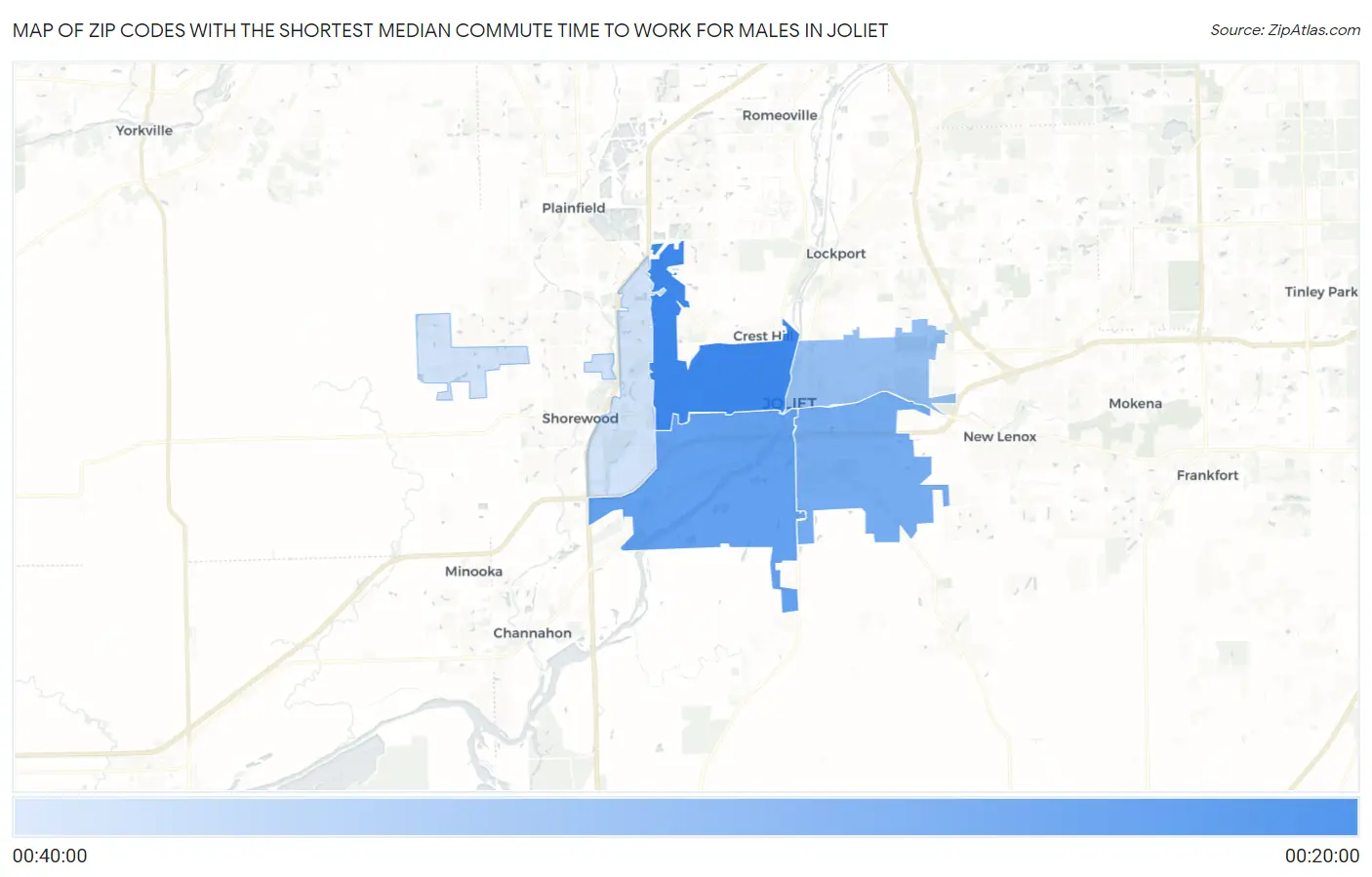 Zip Codes with the Shortest Median Commute Time to Work for Males in Joliet Map