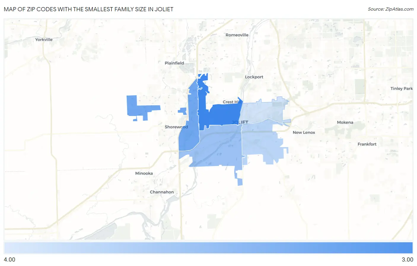 Zip Codes with the Smallest Family Size in Joliet Map