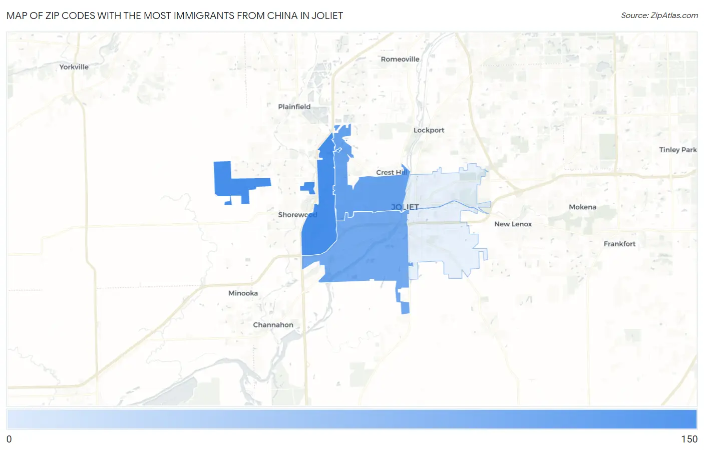 Zip Codes with the Most Immigrants from China in Joliet Map