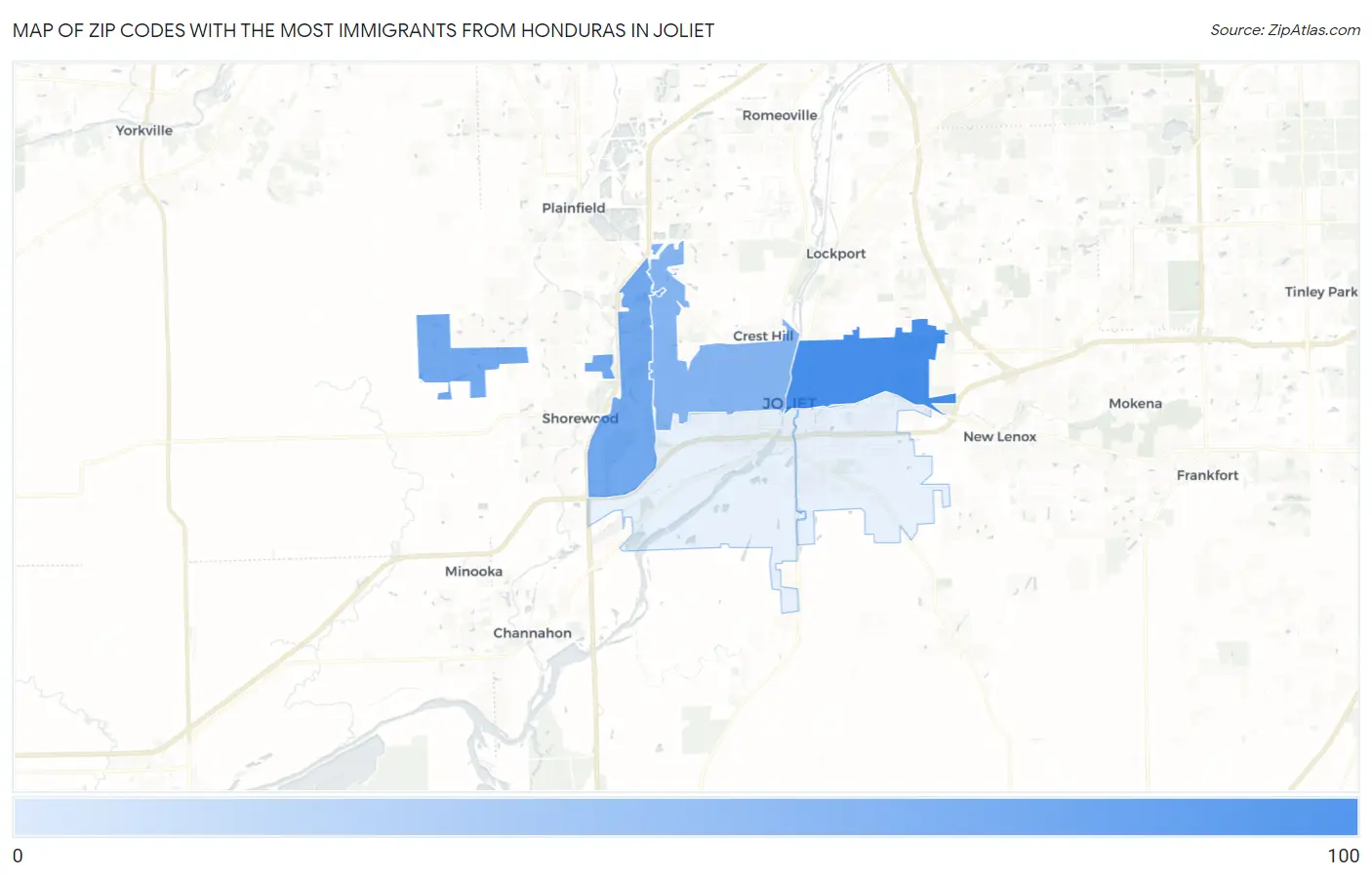 Zip Codes with the Most Immigrants from Honduras in Joliet Map
