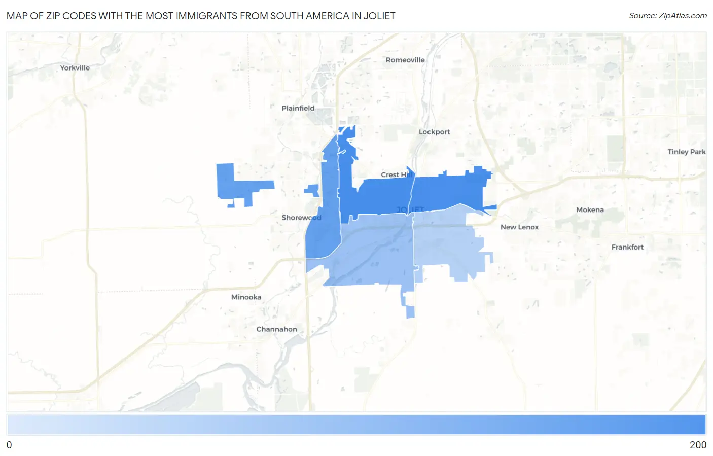 Zip Codes with the Most Immigrants from South America in Joliet Map