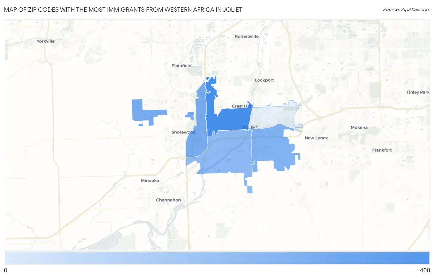 Zip Codes with the Most Immigrants from Western Africa in Joliet Map
