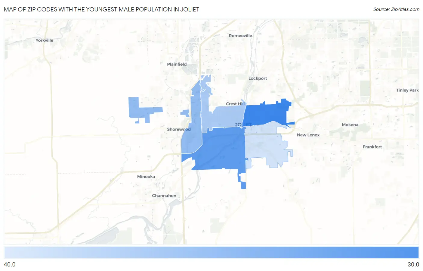 Zip Codes with the Youngest Male Population in Joliet Map
