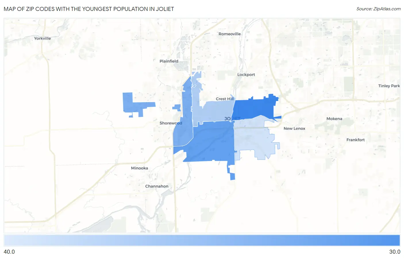 Zip Codes with the Youngest Population in Joliet Map