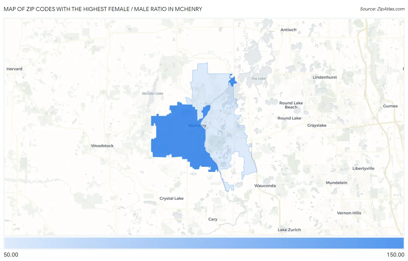 Zip Codes with the Highest Female / Male Ratio in Mchenry Map