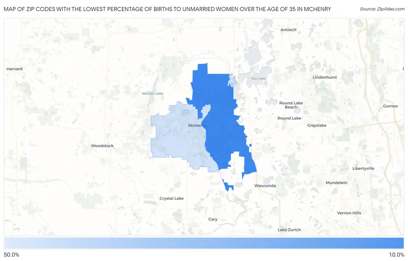 Zip Codes with the Lowest Percentage of Births to Unmarried Women over the Age of 35 in Mchenry Map