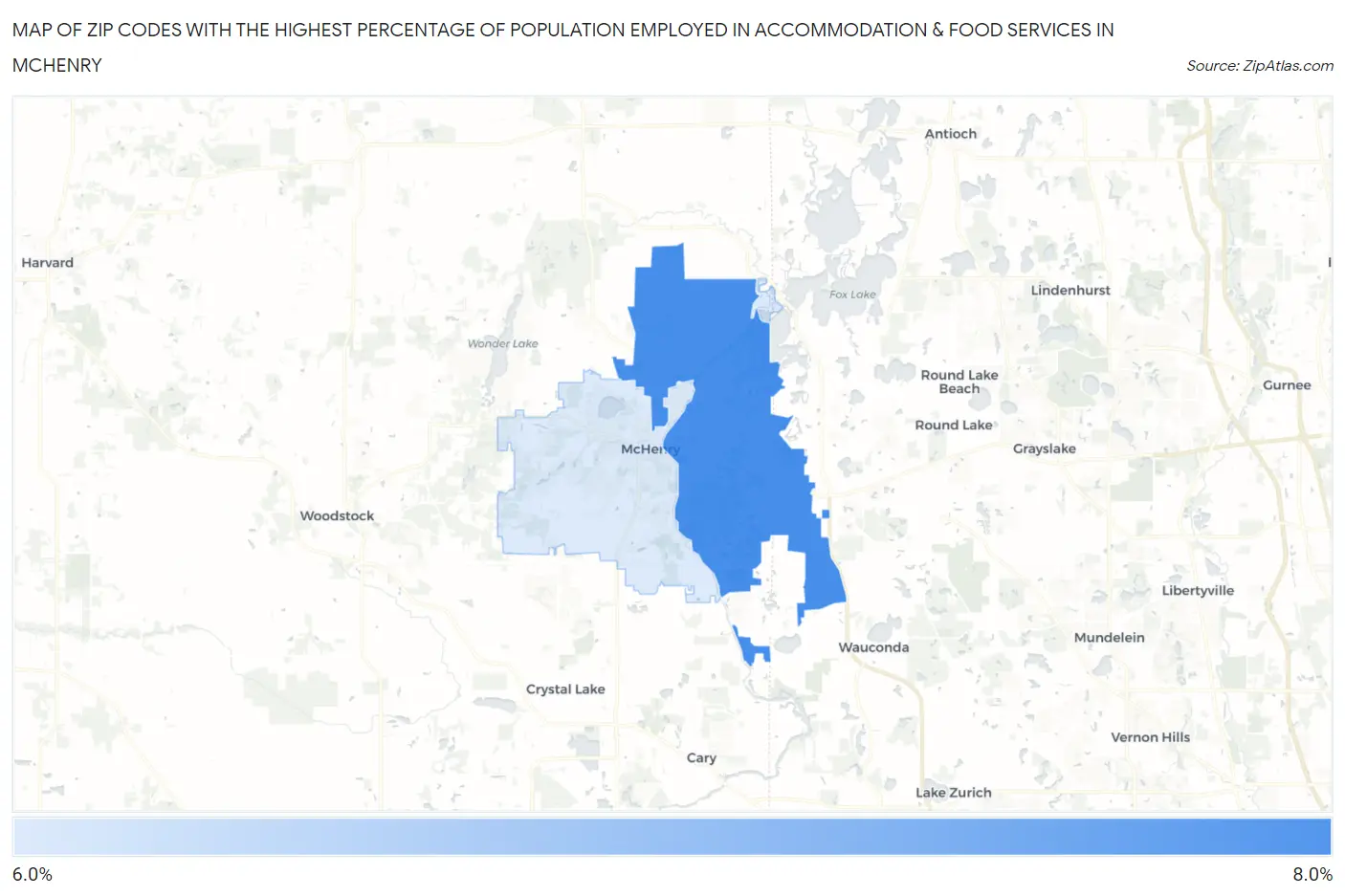 Zip Codes with the Highest Percentage of Population Employed in Accommodation & Food Services in Mchenry Map