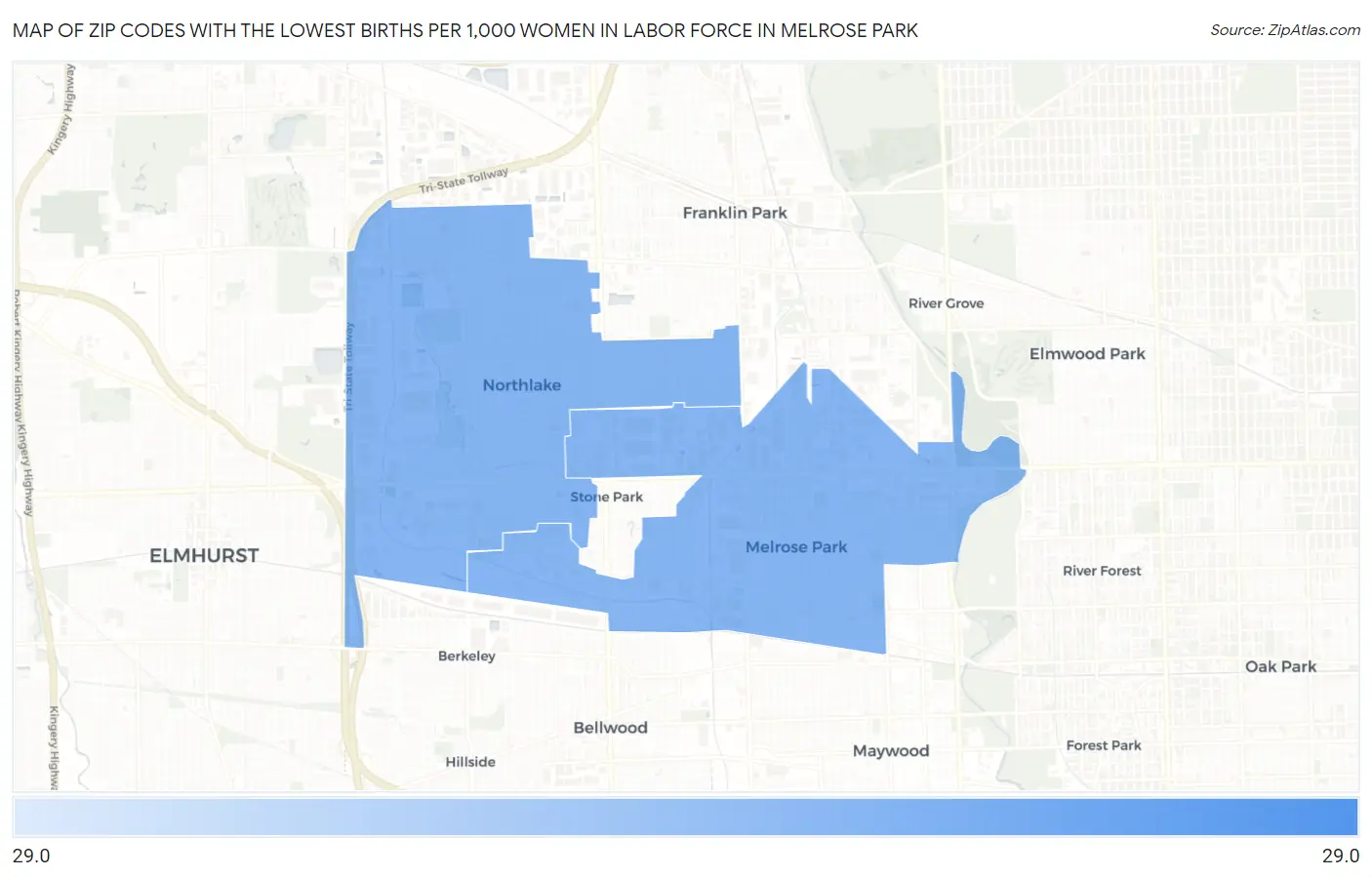 Zip Codes with the Lowest Births per 1,000 Women in Labor Force in Melrose Park Map
