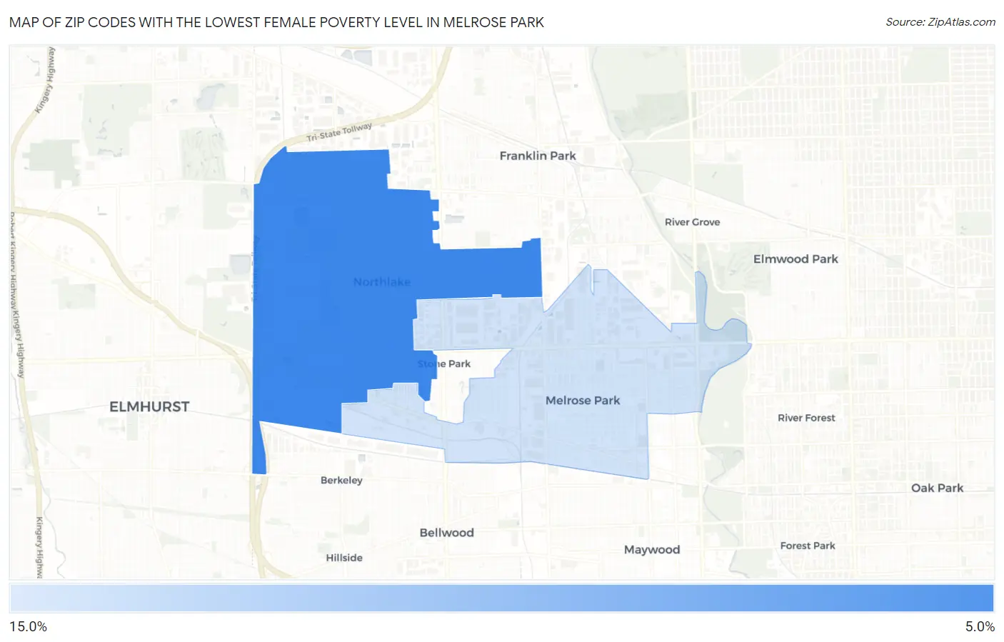 Zip Codes with the Lowest Female Poverty Level in Melrose Park Map
