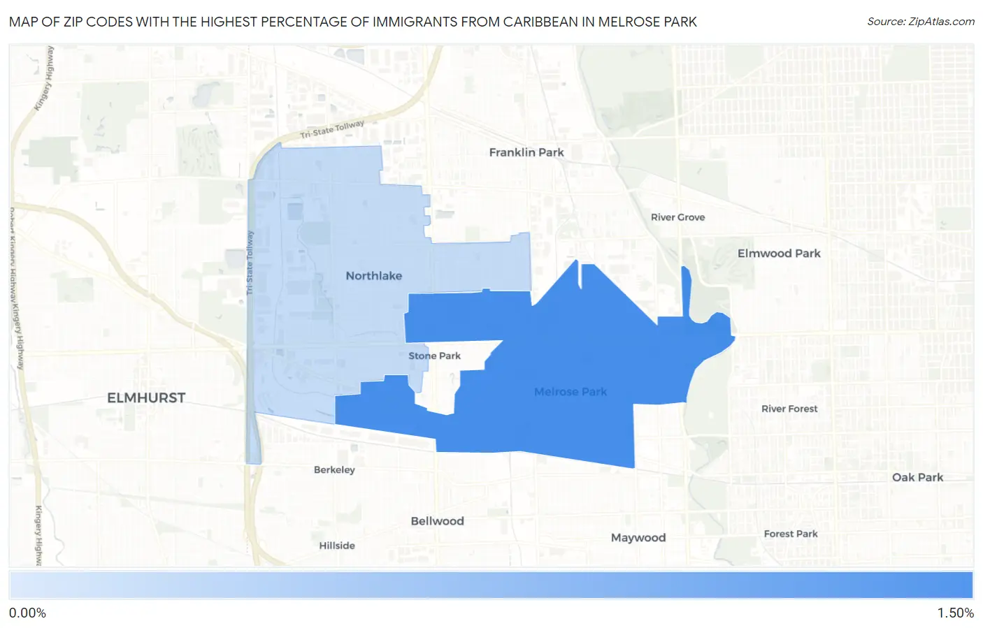 Zip Codes with the Highest Percentage of Immigrants from Caribbean in Melrose Park Map