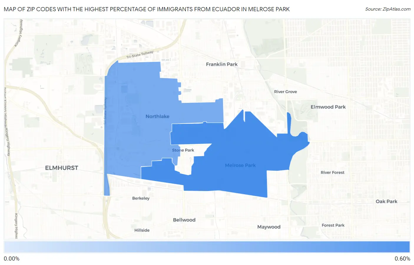 Zip Codes with the Highest Percentage of Immigrants from Ecuador in Melrose Park Map