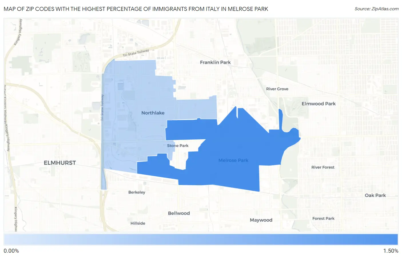 Zip Codes with the Highest Percentage of Immigrants from Italy in Melrose Park Map