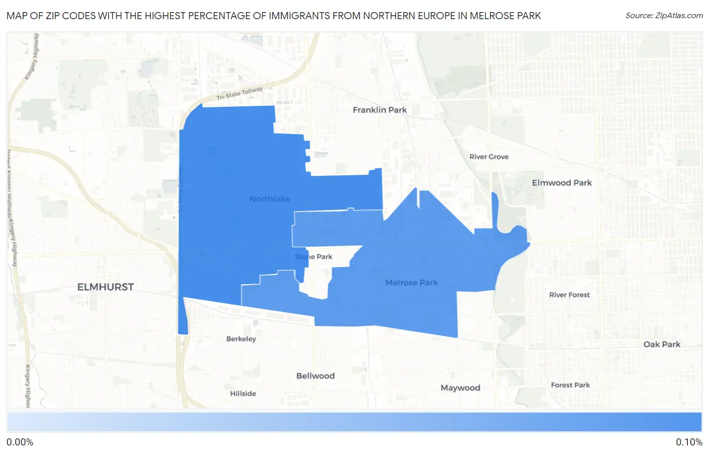 Zip Codes with the Highest Percentage of Immigrants from Northern Europe in Melrose Park Map