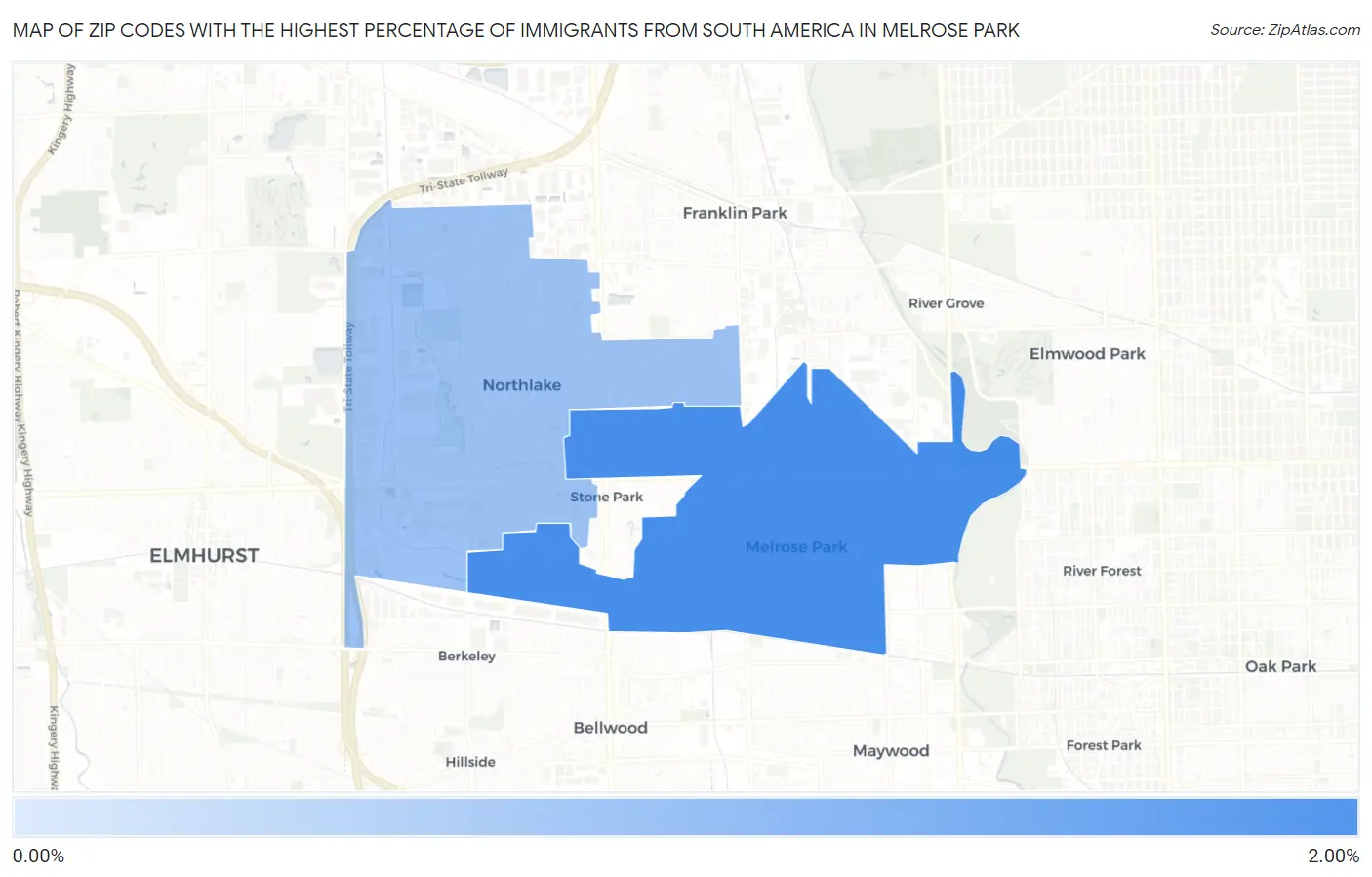 Zip Codes with the Highest Percentage of Immigrants from South America in Melrose Park Map