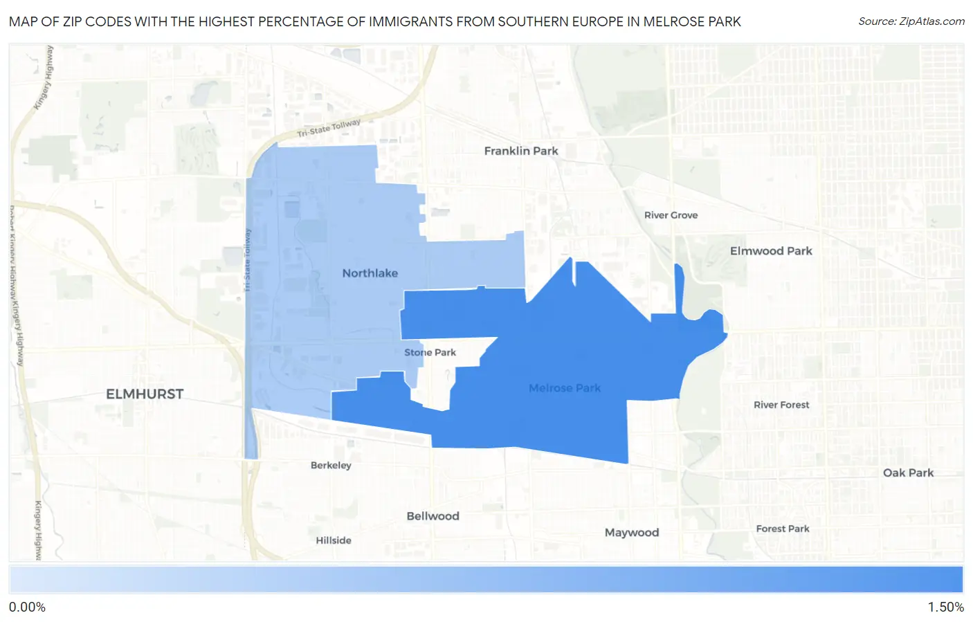 Zip Codes with the Highest Percentage of Immigrants from Southern Europe in Melrose Park Map