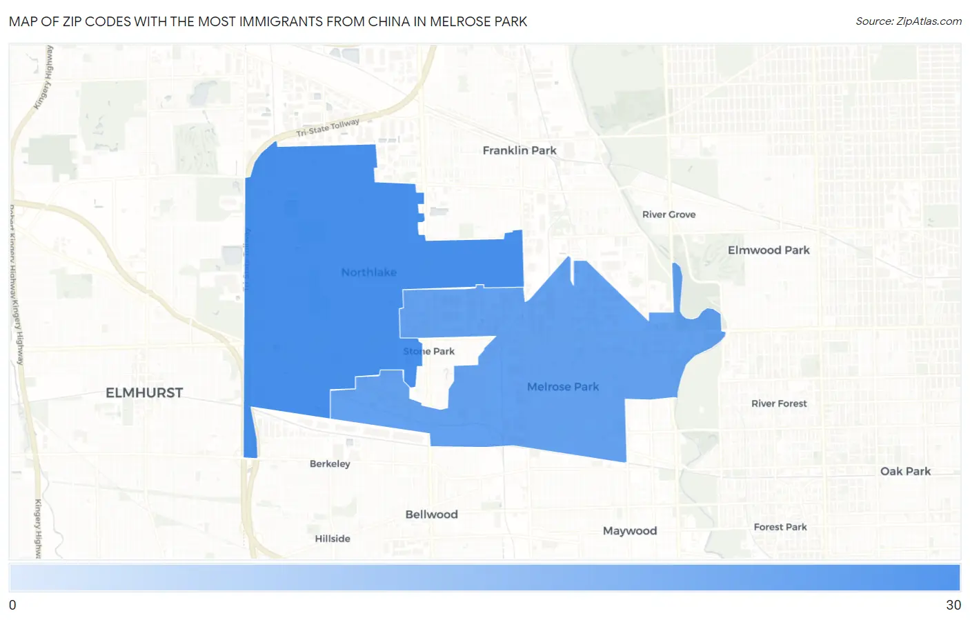 Zip Codes with the Most Immigrants from China in Melrose Park Map