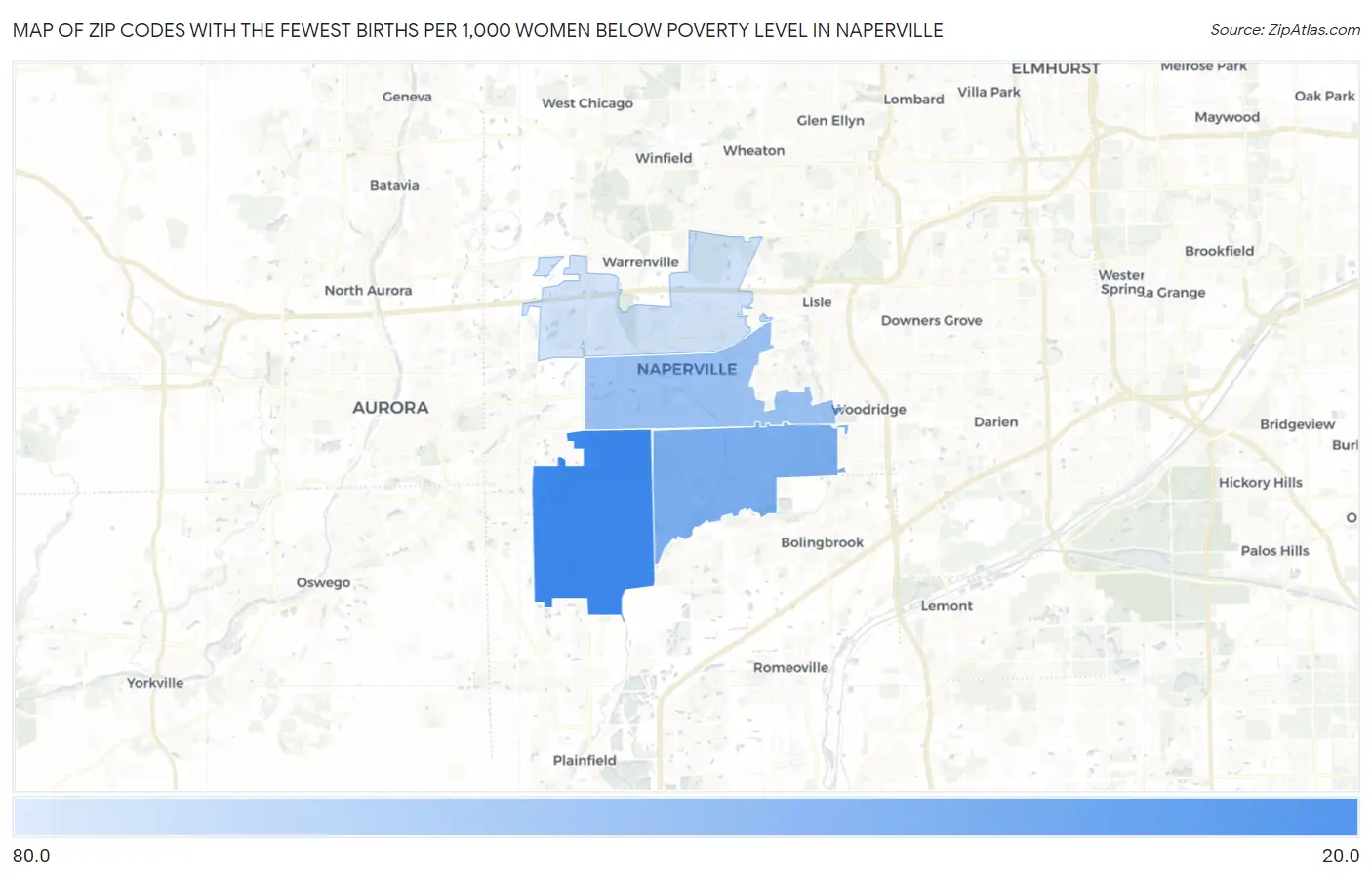 Zip Codes with the Fewest Births per 1,000 Women Below Poverty Level in Naperville Map