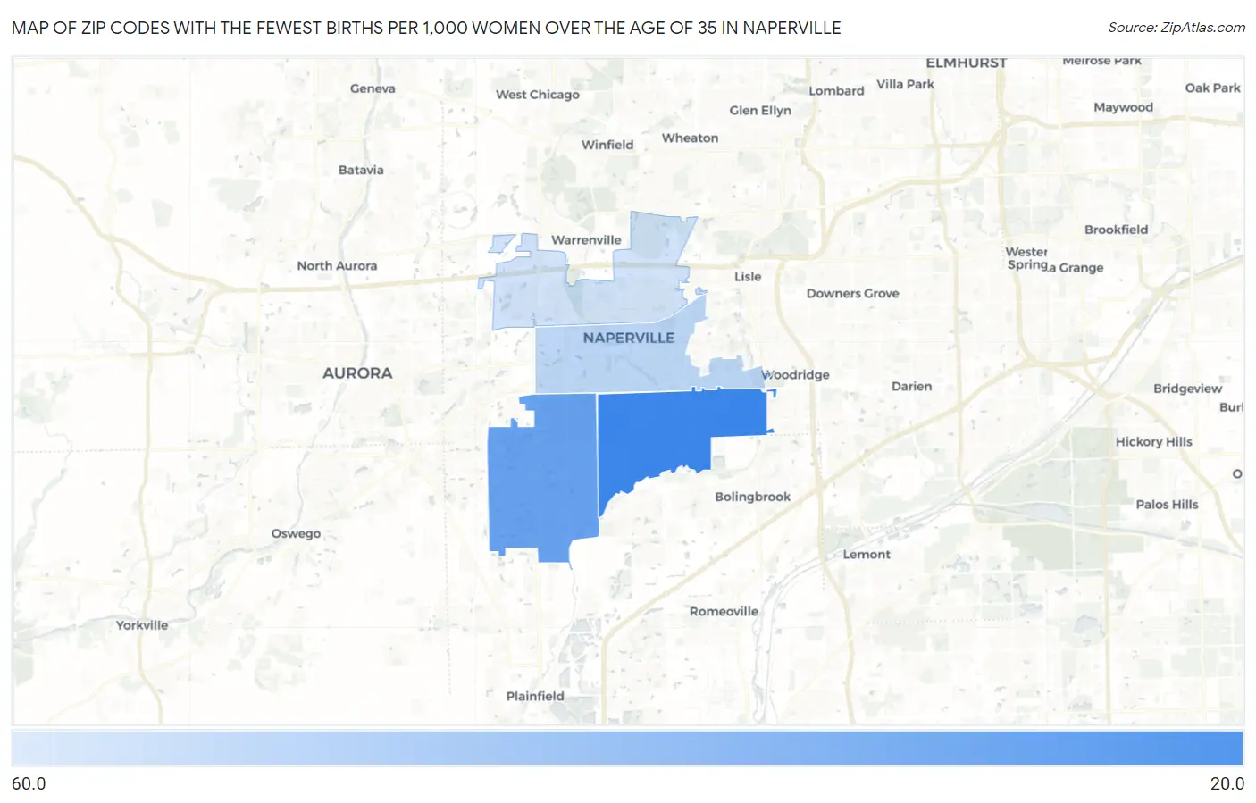 Zip Codes with the Fewest Births per 1,000 Women Over the Age of 35 in Naperville Map