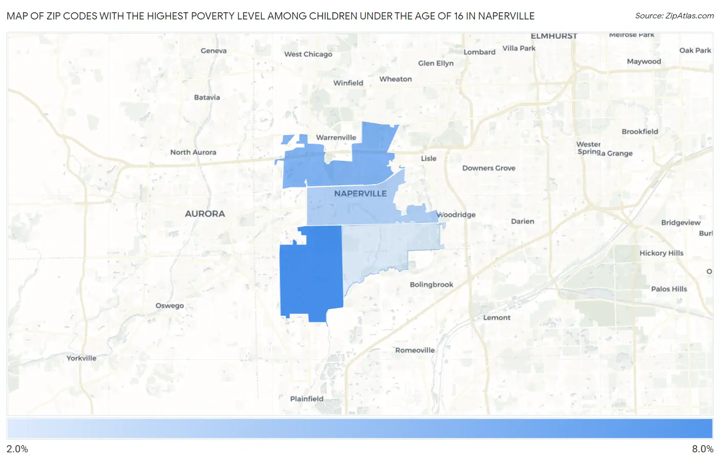 Zip Codes with the Highest Poverty Level Among Children Under the Age of 16 in Naperville Map