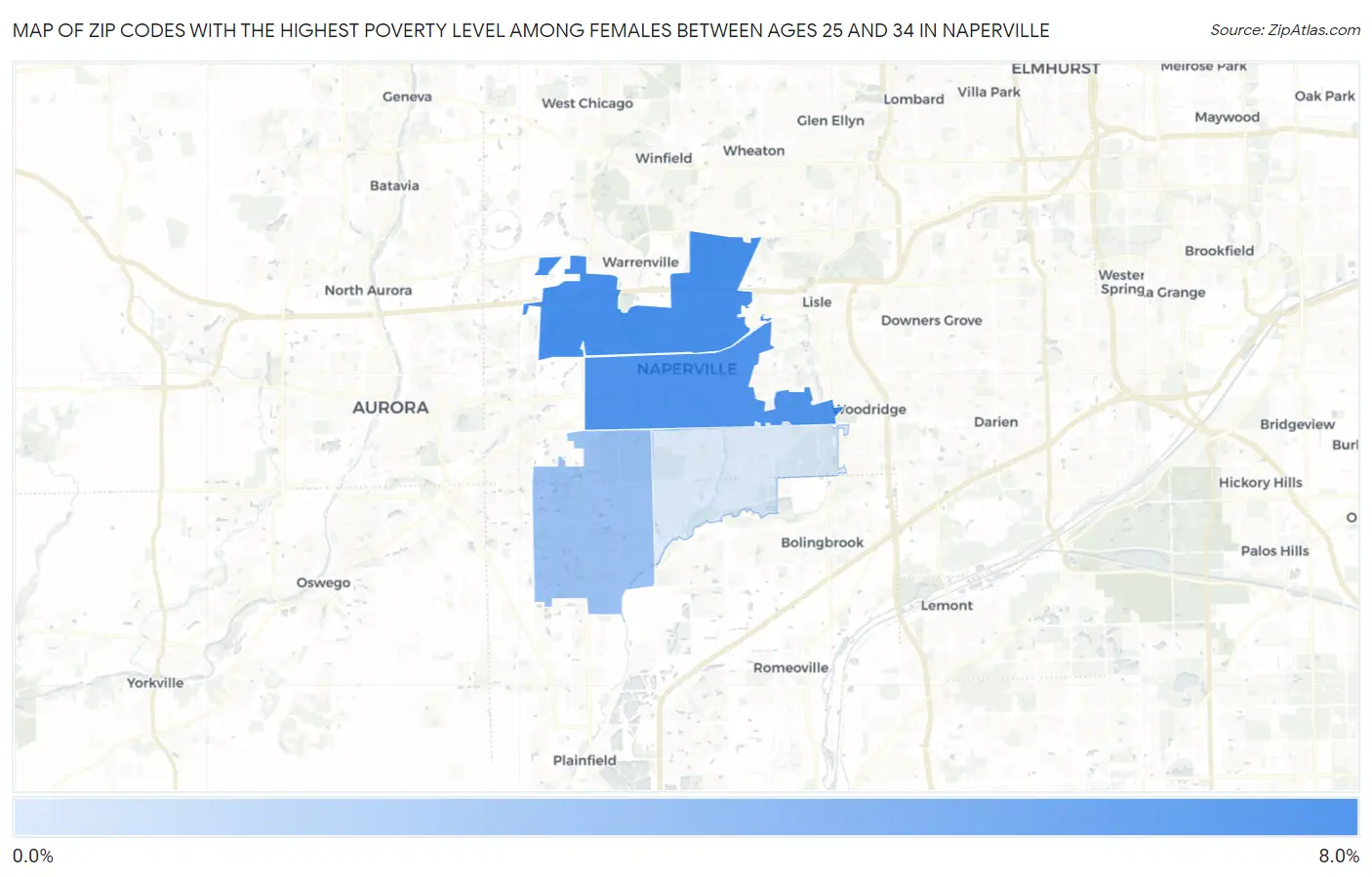 Zip Codes with the Highest Poverty Level Among Females Between Ages 25 and 34 in Naperville Map