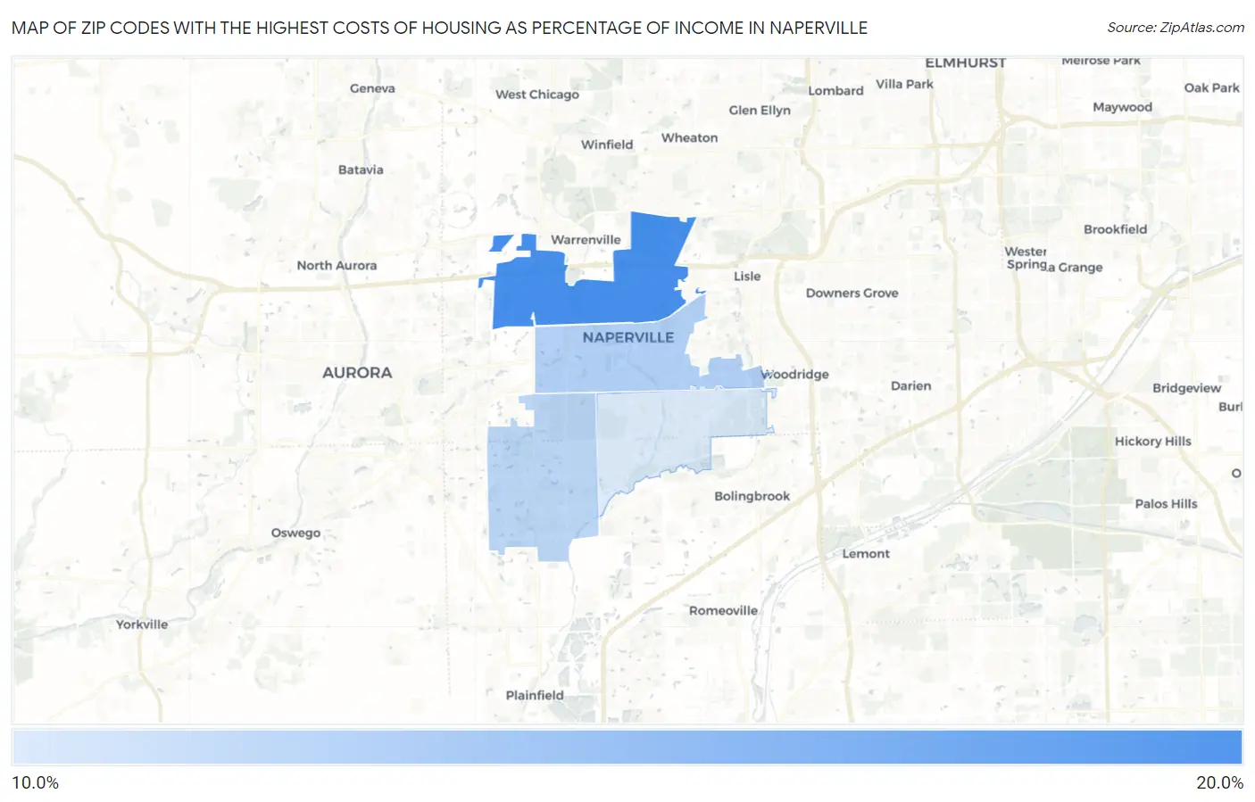 Zip Codes with the Highest Costs of Housing as Percentage of Income in Naperville Map
