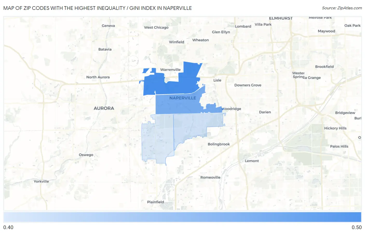 Zip Codes with the Highest Inequality / Gini Index in Naperville Map