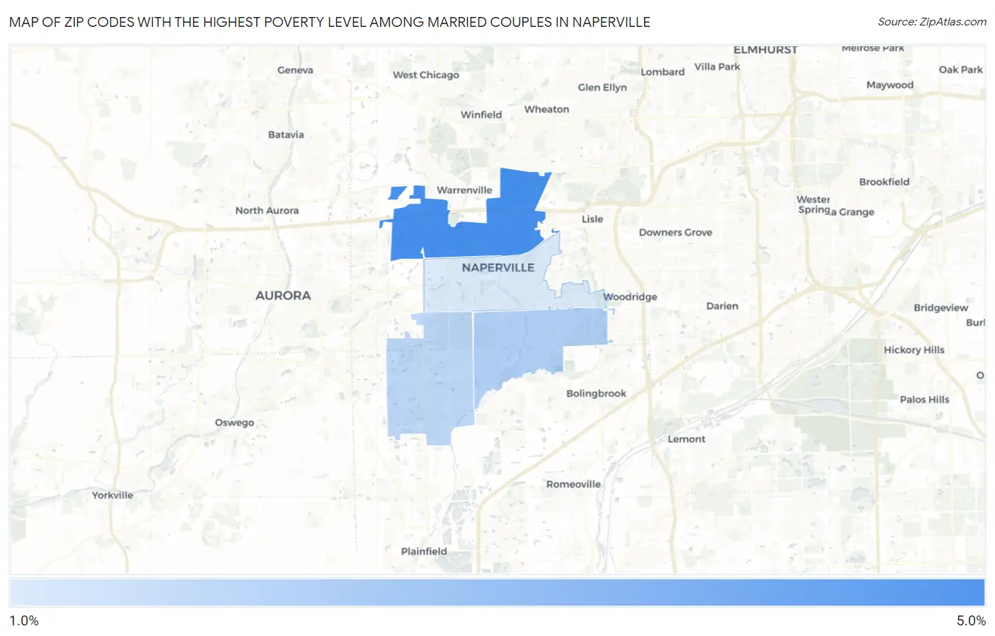 Zip Codes with the Highest Poverty Level Among Married Couples in Naperville Map