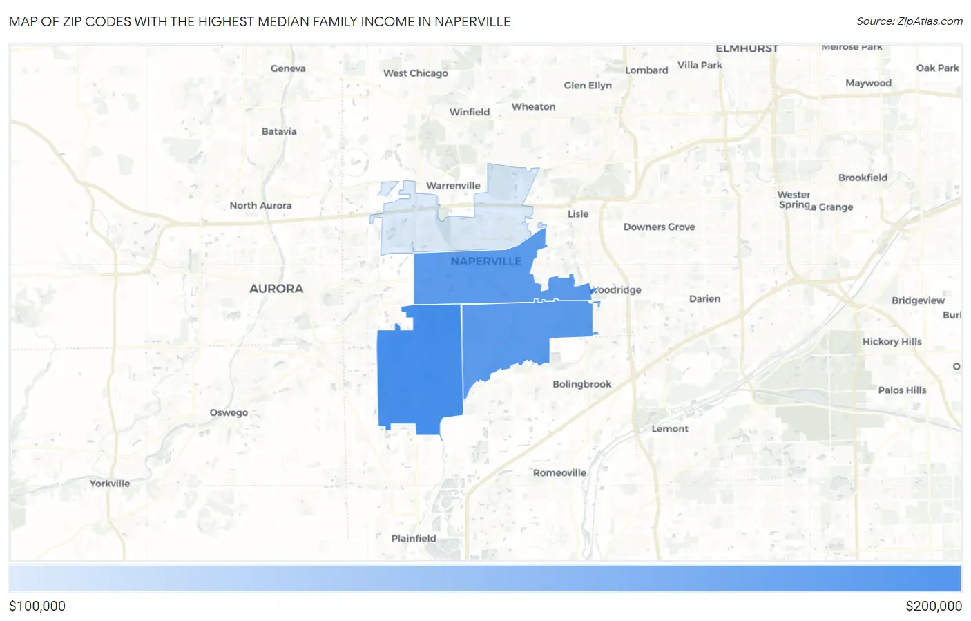 Zip Codes with the Highest Median Family Income in Naperville Map